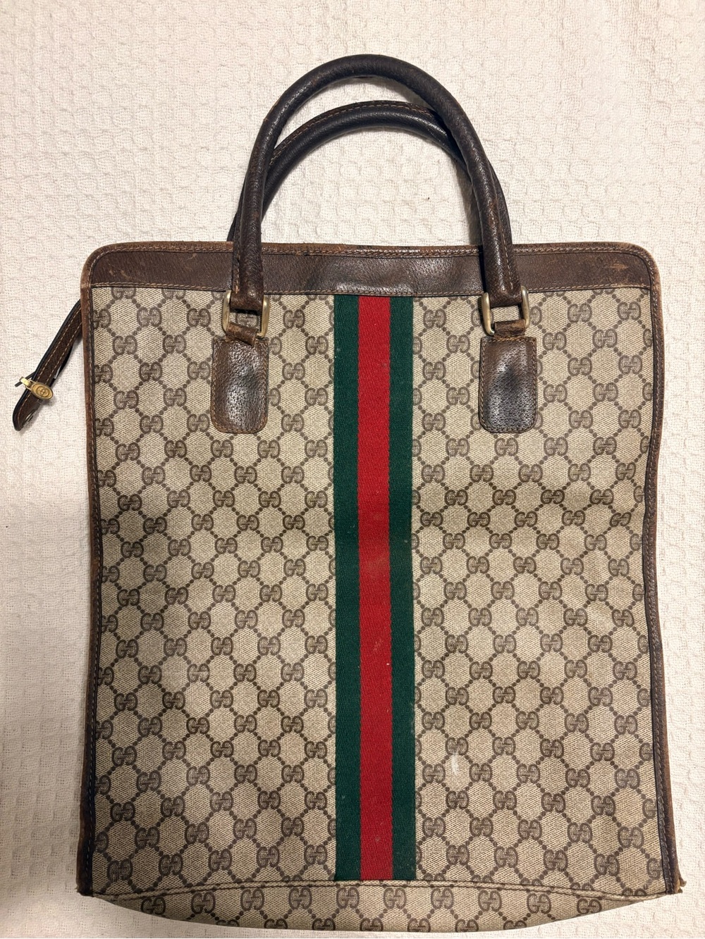Gucci Beige GG Canvas Briefcase with Green-Red Web Stripe